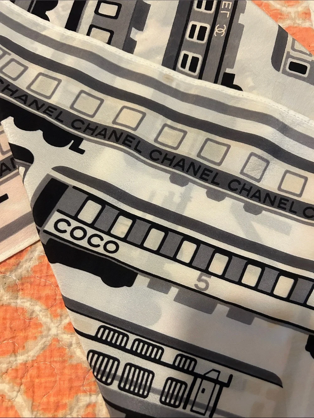 CHANEL Black, White/Cream Train-Print Silk Scarf